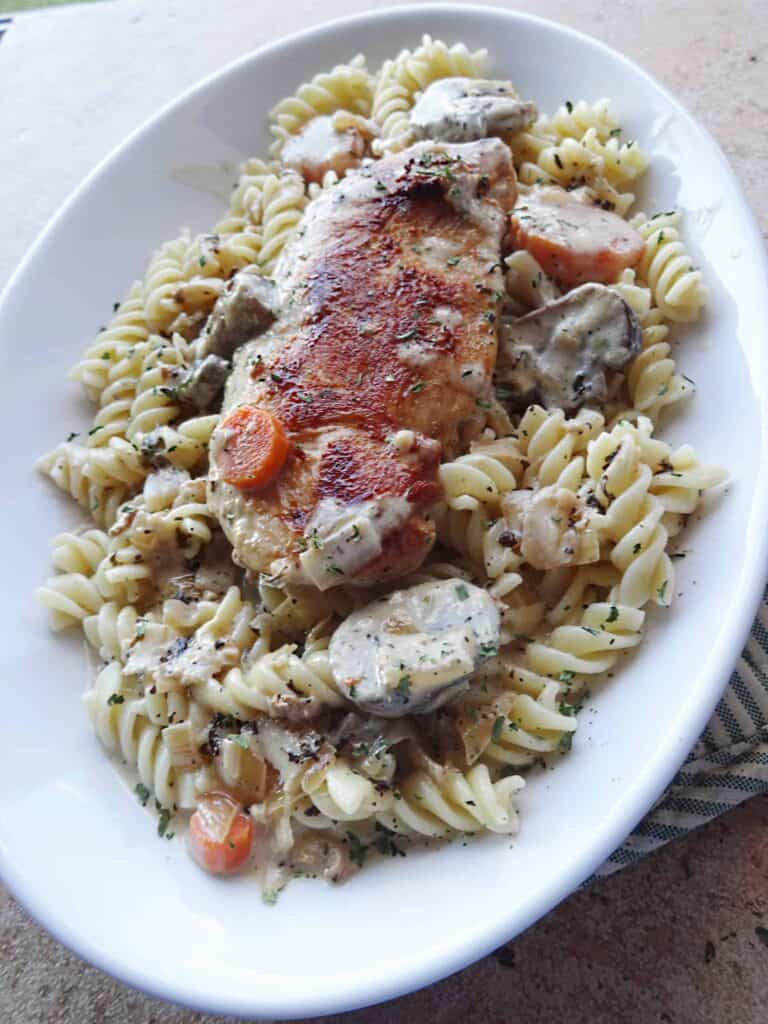 Mushroom and Chicken Pasta on white plate