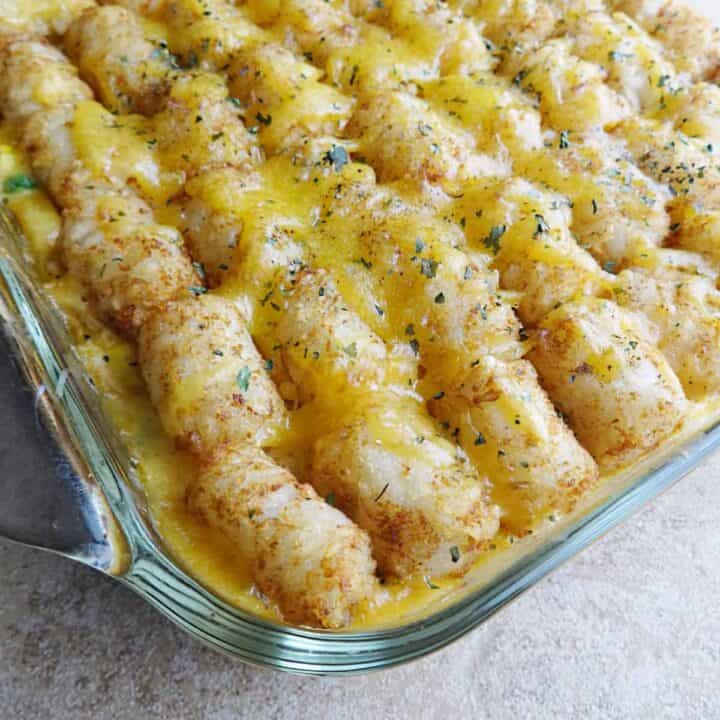 Chicken tater tot casserole fresh from the oven.