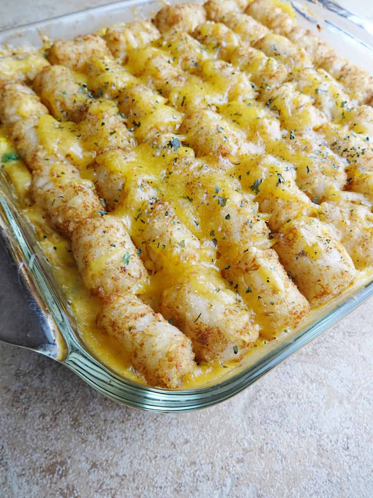 Chicken tater tot casserole fresh from the oven.