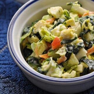 Shaved Brussel Sprouts Salad recipe with honey lime dressing in a bowl