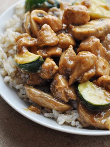 Panda Express Mushroom Chicken copycat recipe over rice