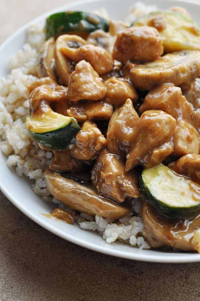 Panda Express Mushroom Chicken copycat recipe over rice