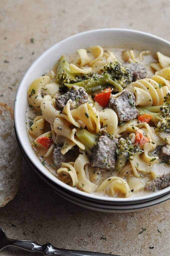 Steak Pasta Soup with Broccoli