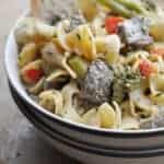 Steak pasta soup with broccoli