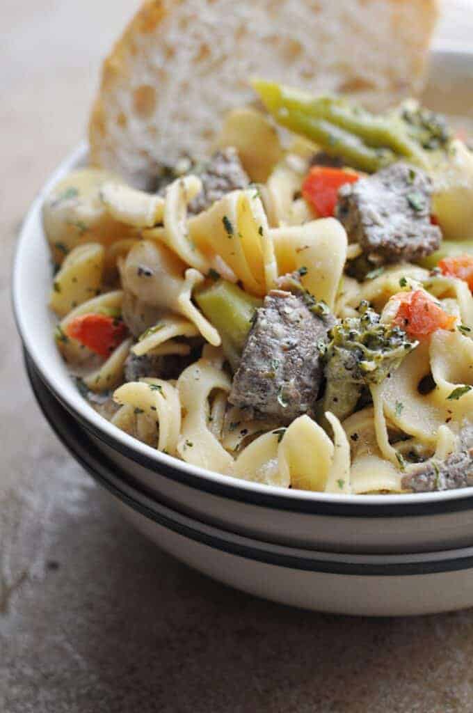 Steak pasta soup with broccoli