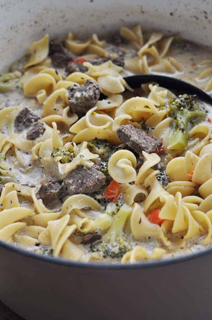 Steak Pasta Soup with broccoli