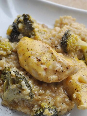 Chicken Broccoli Casserole with Rice on white plate