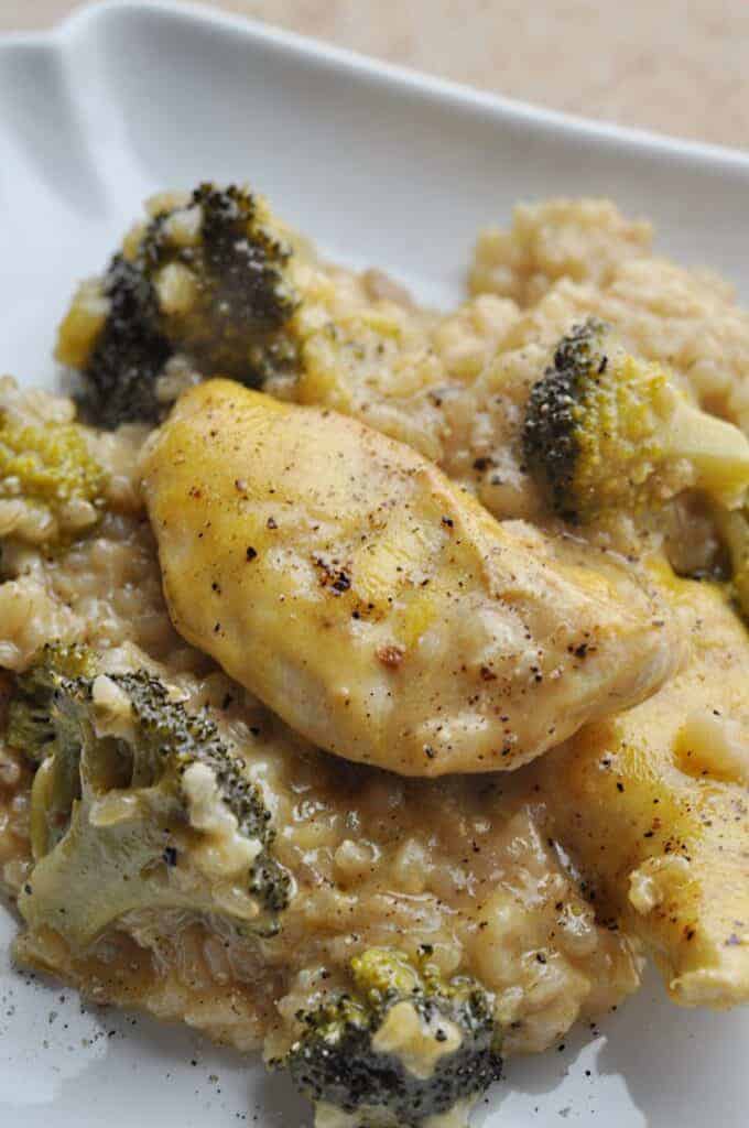 Chicken Broccoli Casserole with Rice on white plate