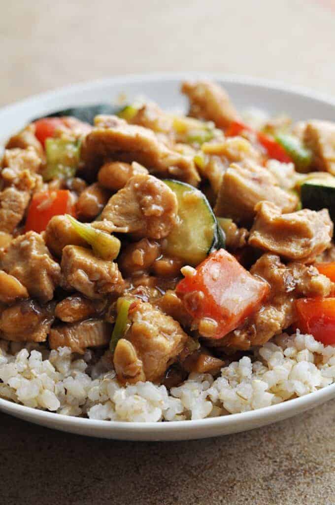 Panda Express Kungpao Chicken copycat recipe over rice