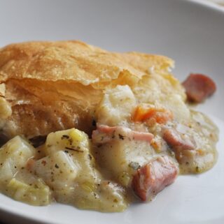 Ham & Leek pie on white plate