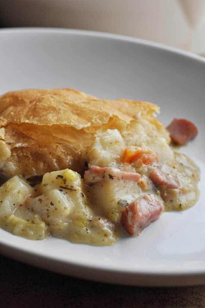 Ham & Leek pie on white plate