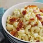 Macaroni carbonara up close in bowl