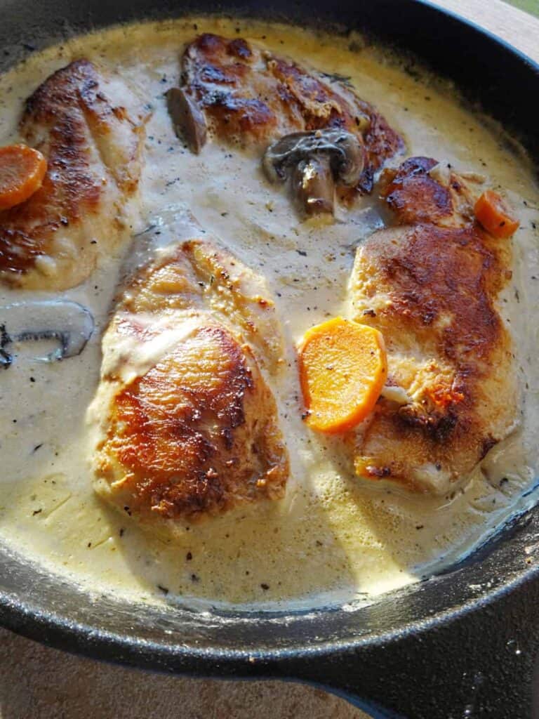 Mushroom & Chicken with creamy sauce cooking in skillet