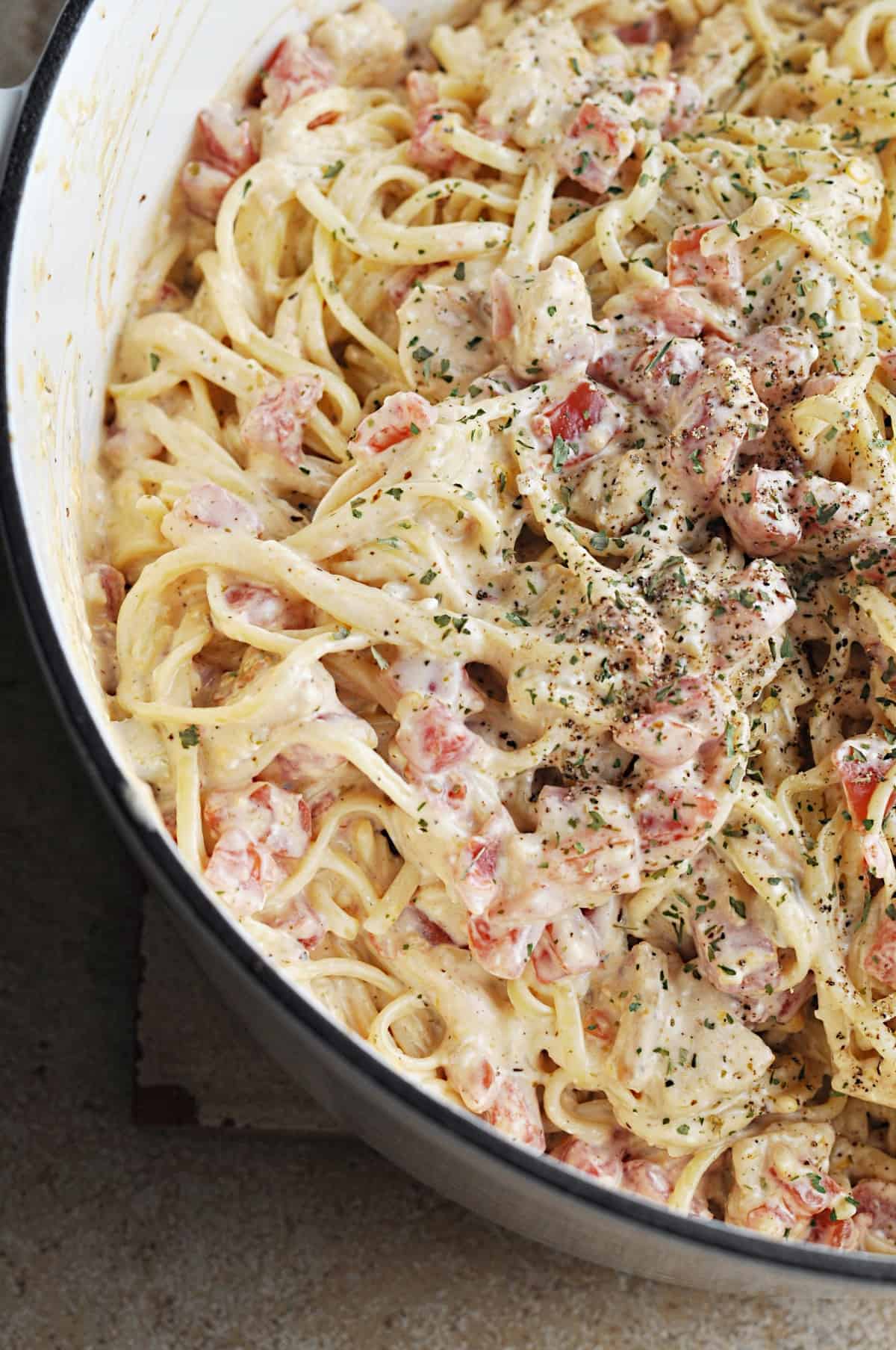 Rotel spaghetti with chicken in Dutch oven