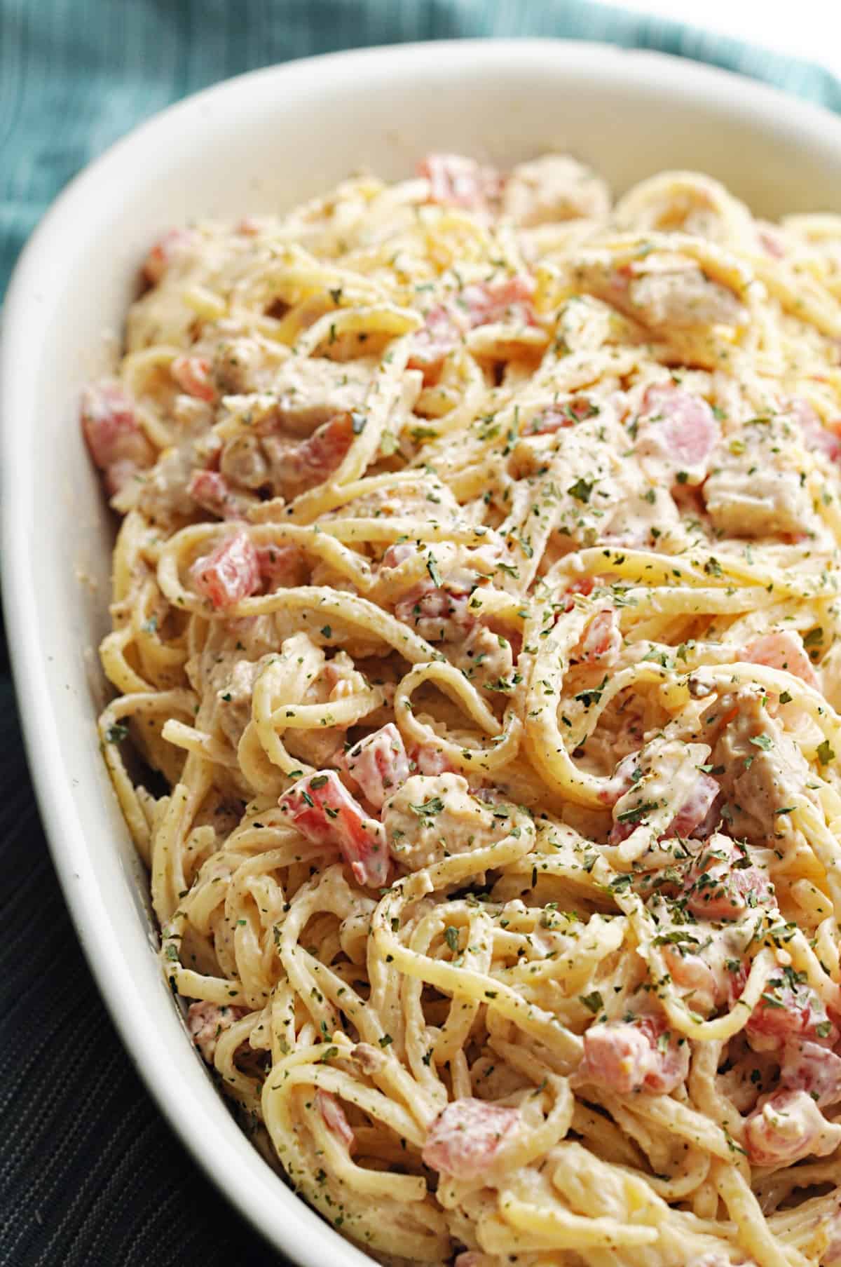 Chicken Rotel spaghetti served on white plate