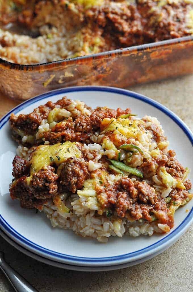 Ground Beef Rice Casserole with Zucchini on plate