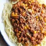 Zucchini Meat Sauce over linguini