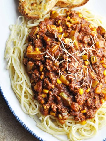 Zucchini Meat Sauce over linguini