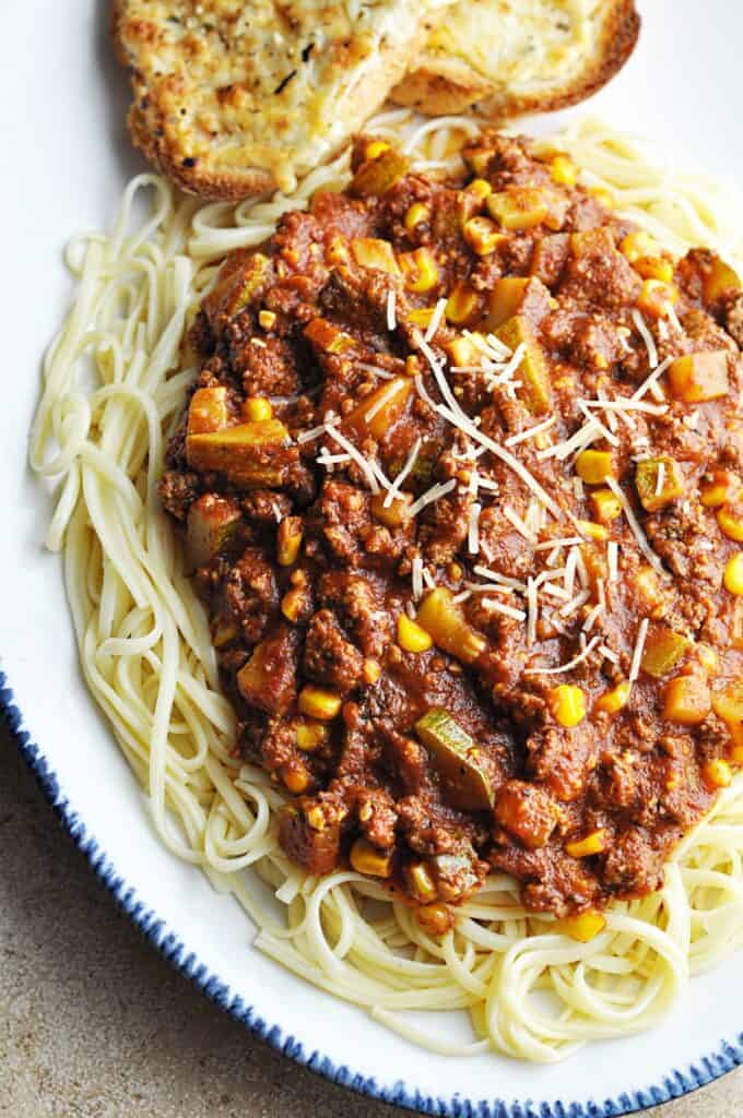 Zucchini Meat Sauce over linguini