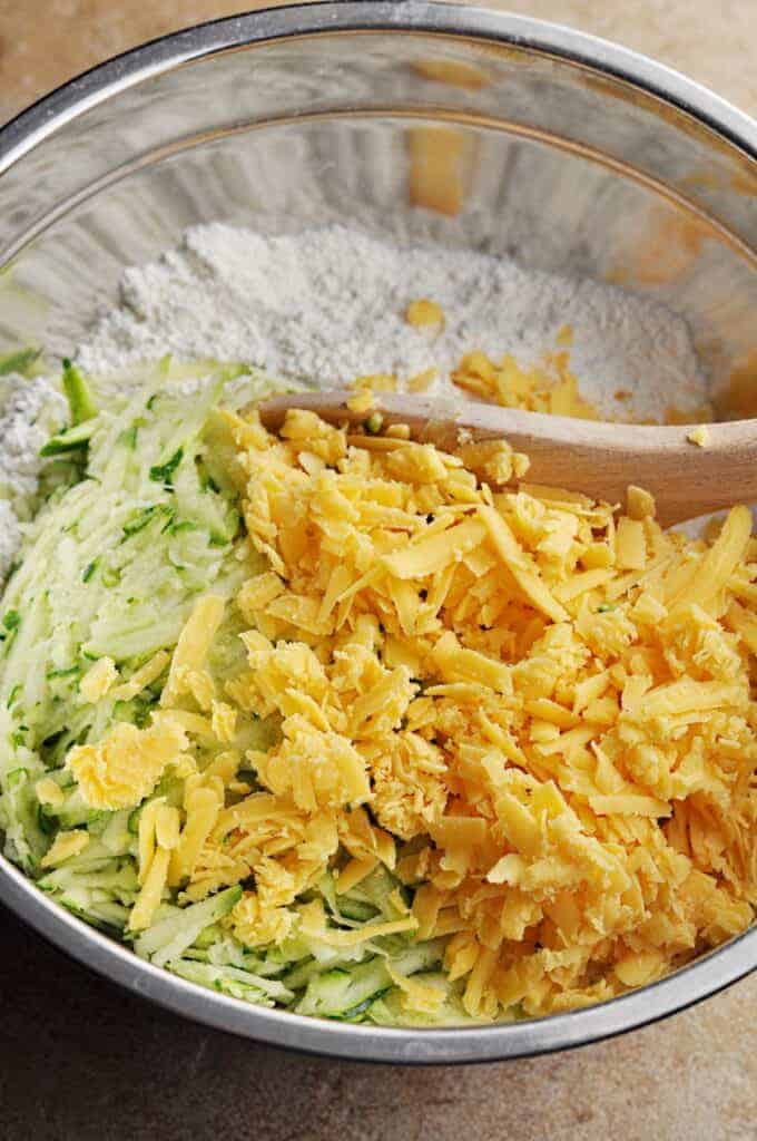 Cheese Bread with zucchini in mixing bowl