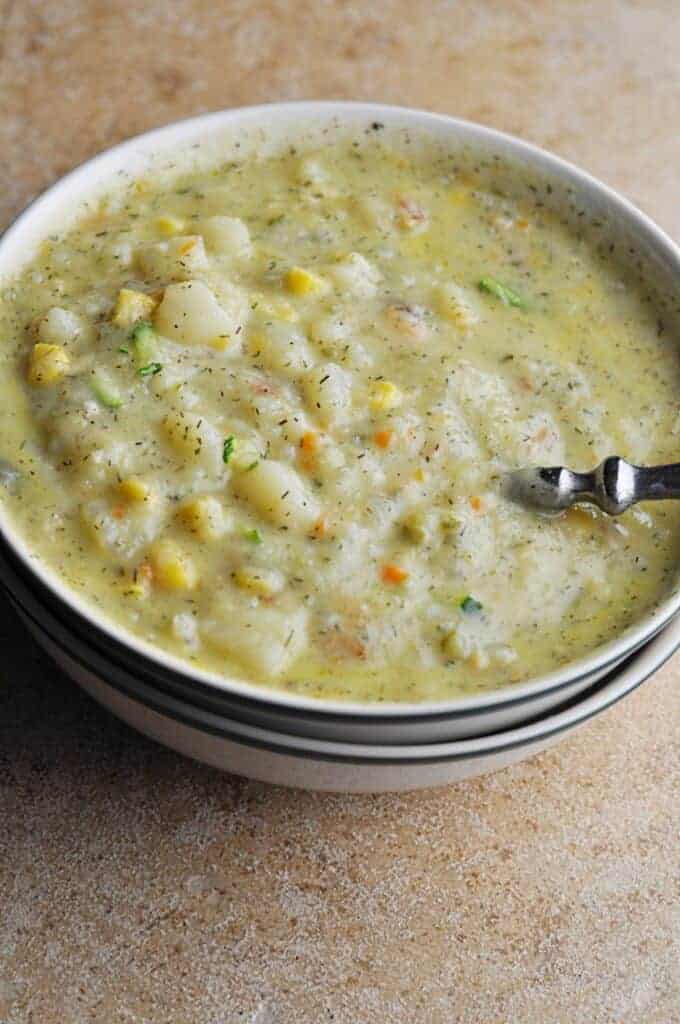 Zucchini and Potato Soup in bowl Before Bacon added