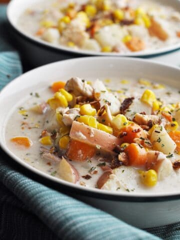 Soup with chicken corn and potatoes in bowl