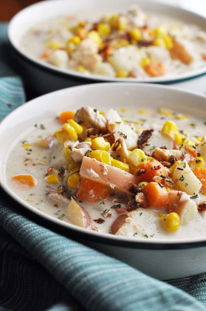 Soup with chicken corn and potatoes in bowl