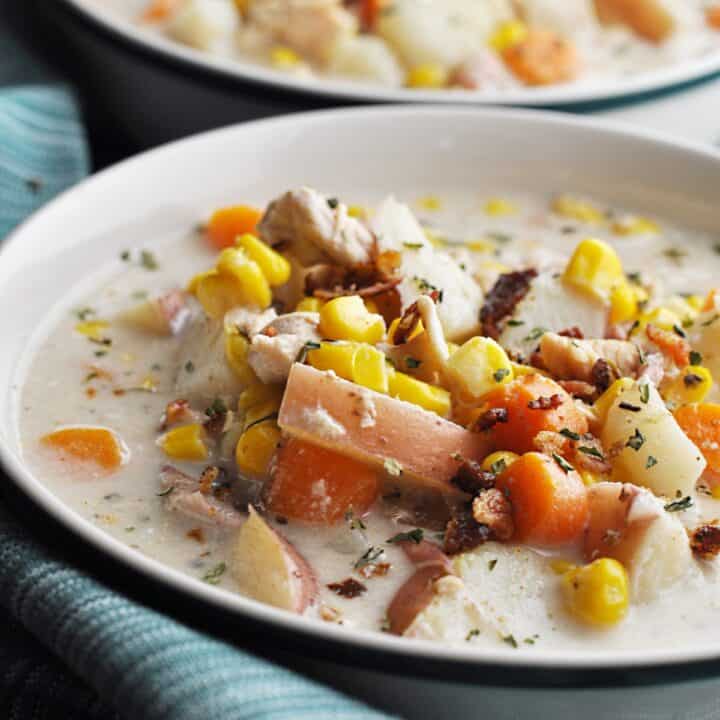 Soup with chicken corn and potatoes in bowl