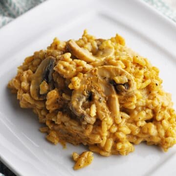 Pumpkin risotto with mushrooms on serving plate