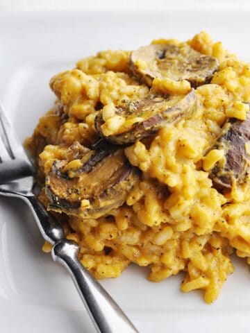 Closeup of pumpkin risotto with mushrooms