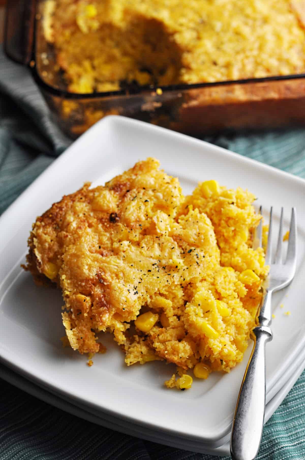 Casserole with corn on plate fresh from oven