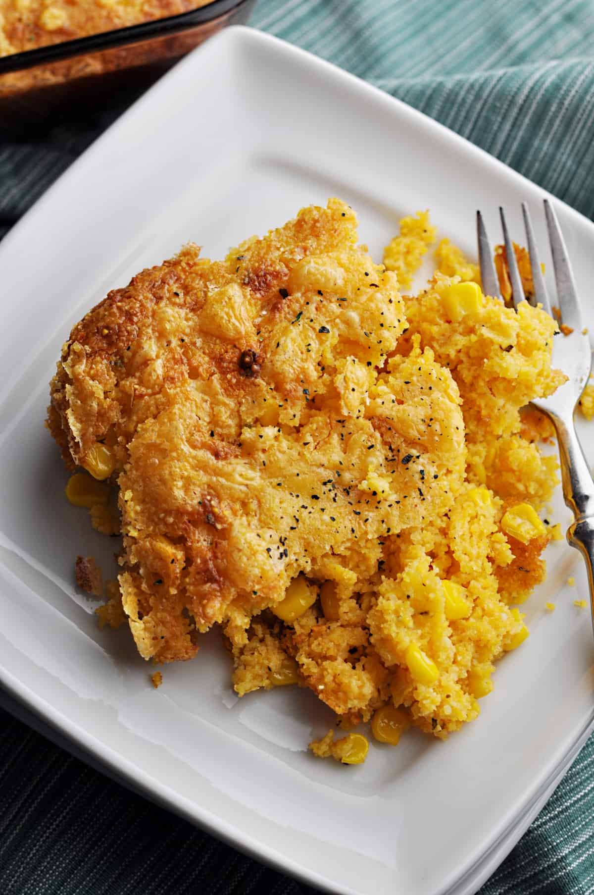 Baked cornbread casserole on plate