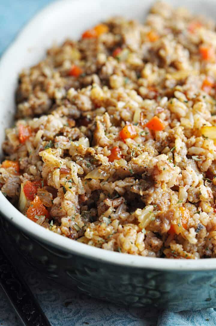 Dirty rice recipe closeup in serving bowl