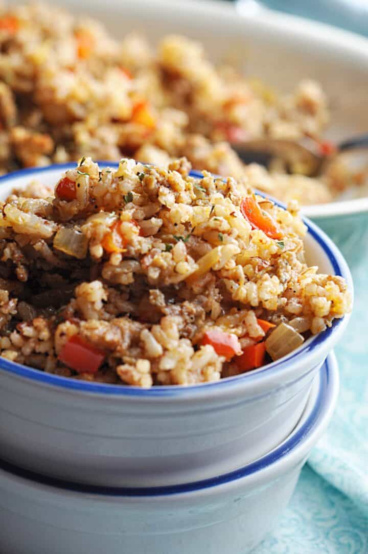 Single serving of dirty rice in bowl