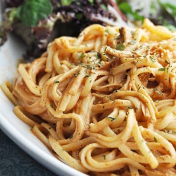 Chicken spaghetti on plate with salad