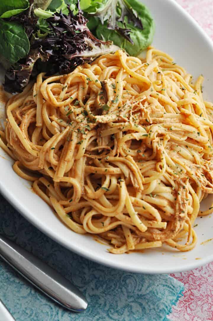 Linguini with chicken and tomato sauce on plate