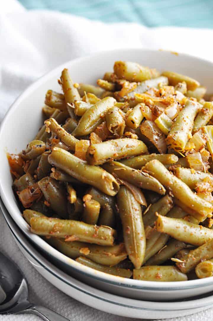 Cajun spiced green beans in bowl ready to eat