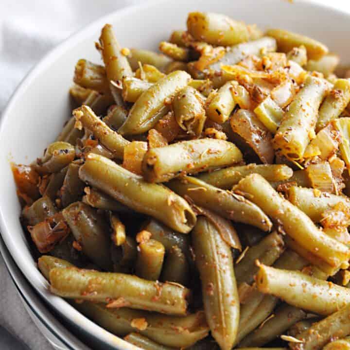Cajun spiced green beans in bowl ready to eat