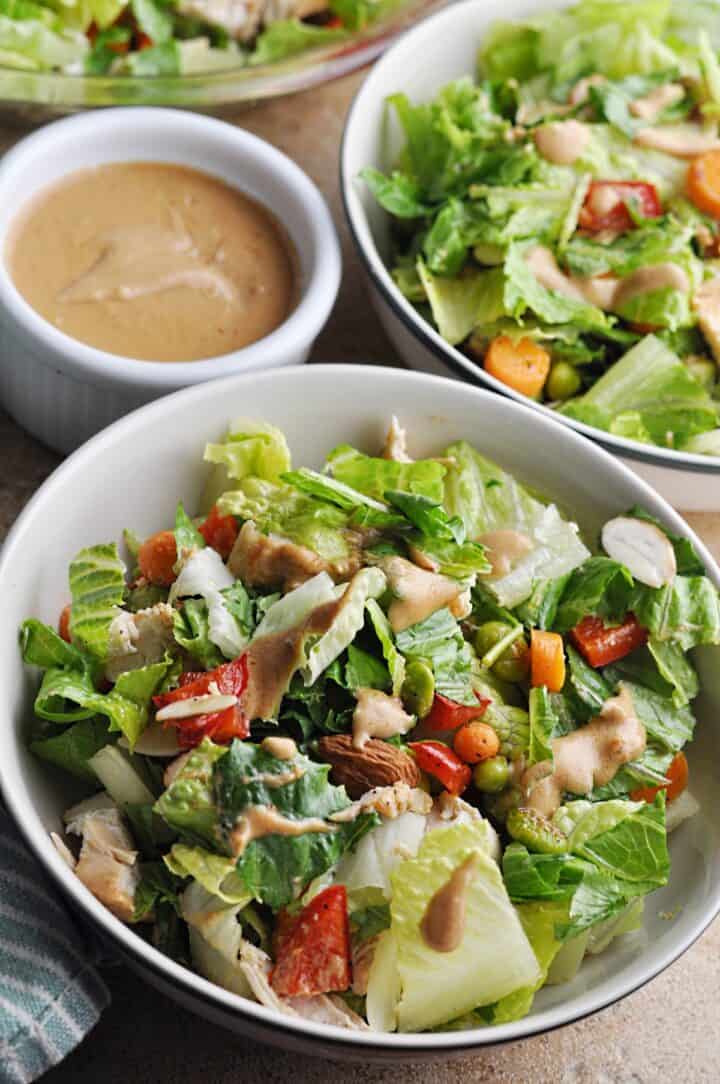 Chicken salad with lettuce, pepper, carrots and peanut dressing