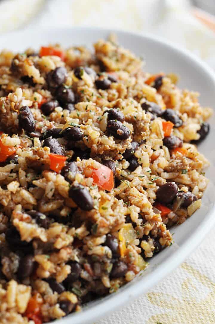 Rice with Sausage and black beans on plate