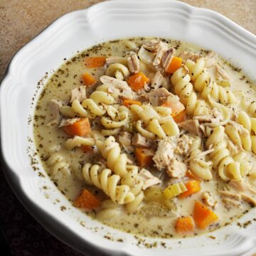 Creamy turkey noodle soup recipe in bowl