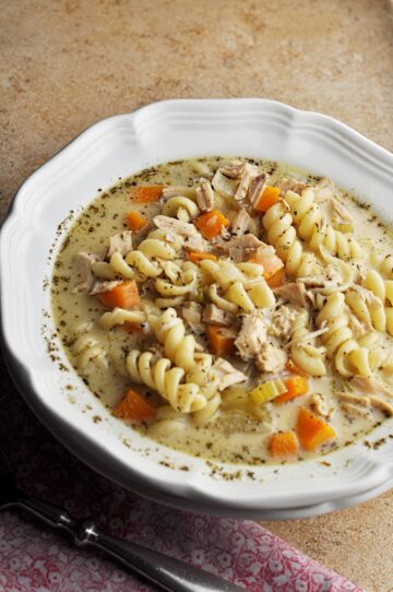 Creamy turkey noodle soup recipe in bowl