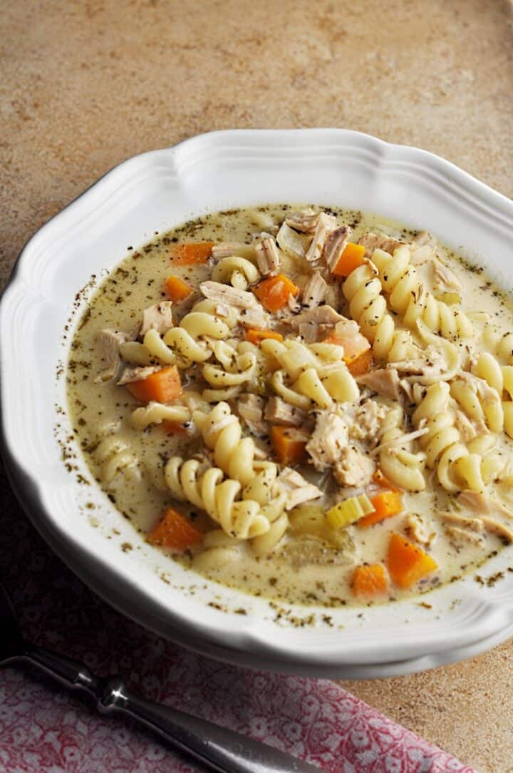 Creamy turkey noodle soup recipe in bowl