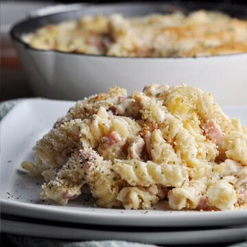 Ham and chicken with pasta served and ready to eat