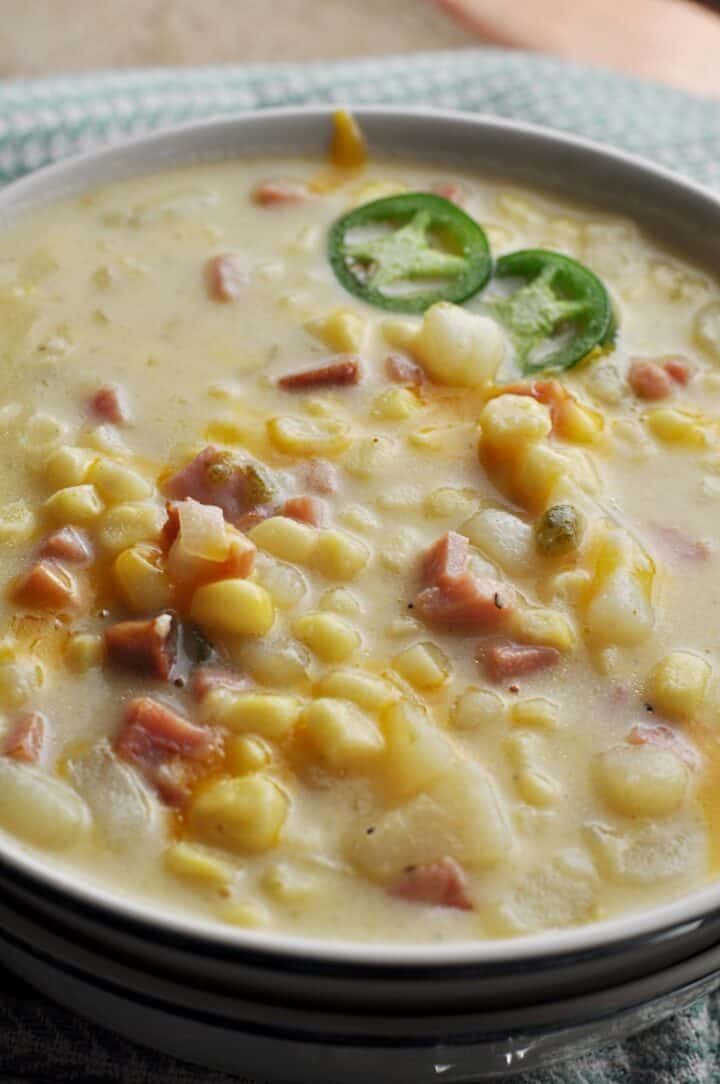 Spicy chowder with leftover ham in a bowl