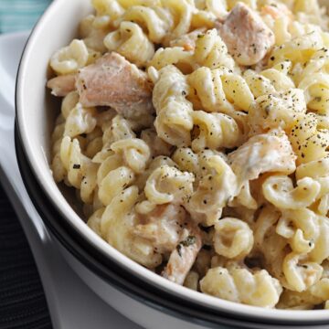 Creamy salmon and shrimp with pasta recipe in bowl