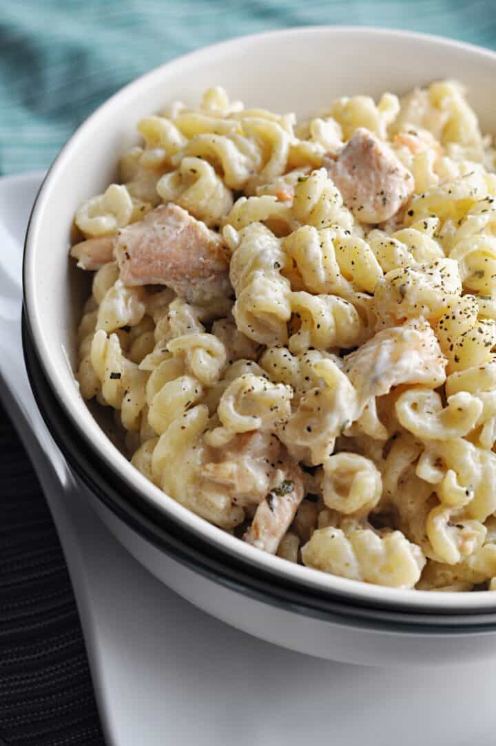 Creamy salmon and shrimp with pasta recipe in bowl