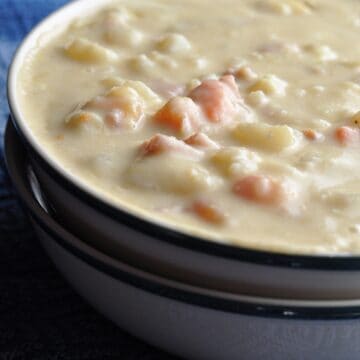 Potato Soup with Ham and leeks in bowl