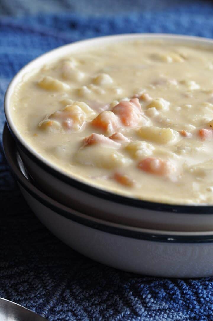 Potato Soup with Ham and leeks in bowl