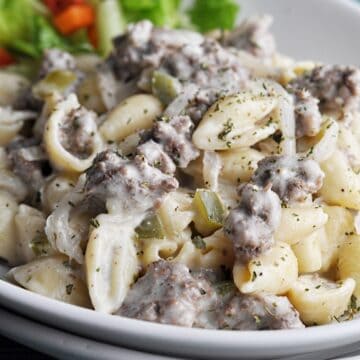 Ground beef cheese and shells with salad